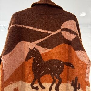 Brown, Orange & Beige Horse Cardigan with Desert Motif  NWT